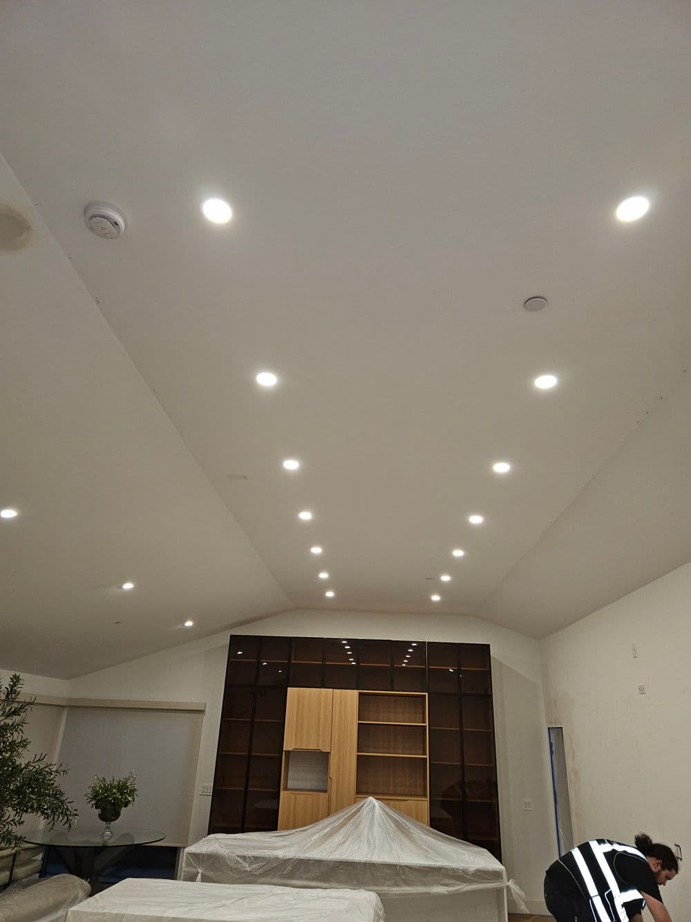 Modern ceiling with recessed lights and wooden shelving unit in a bright interior space.